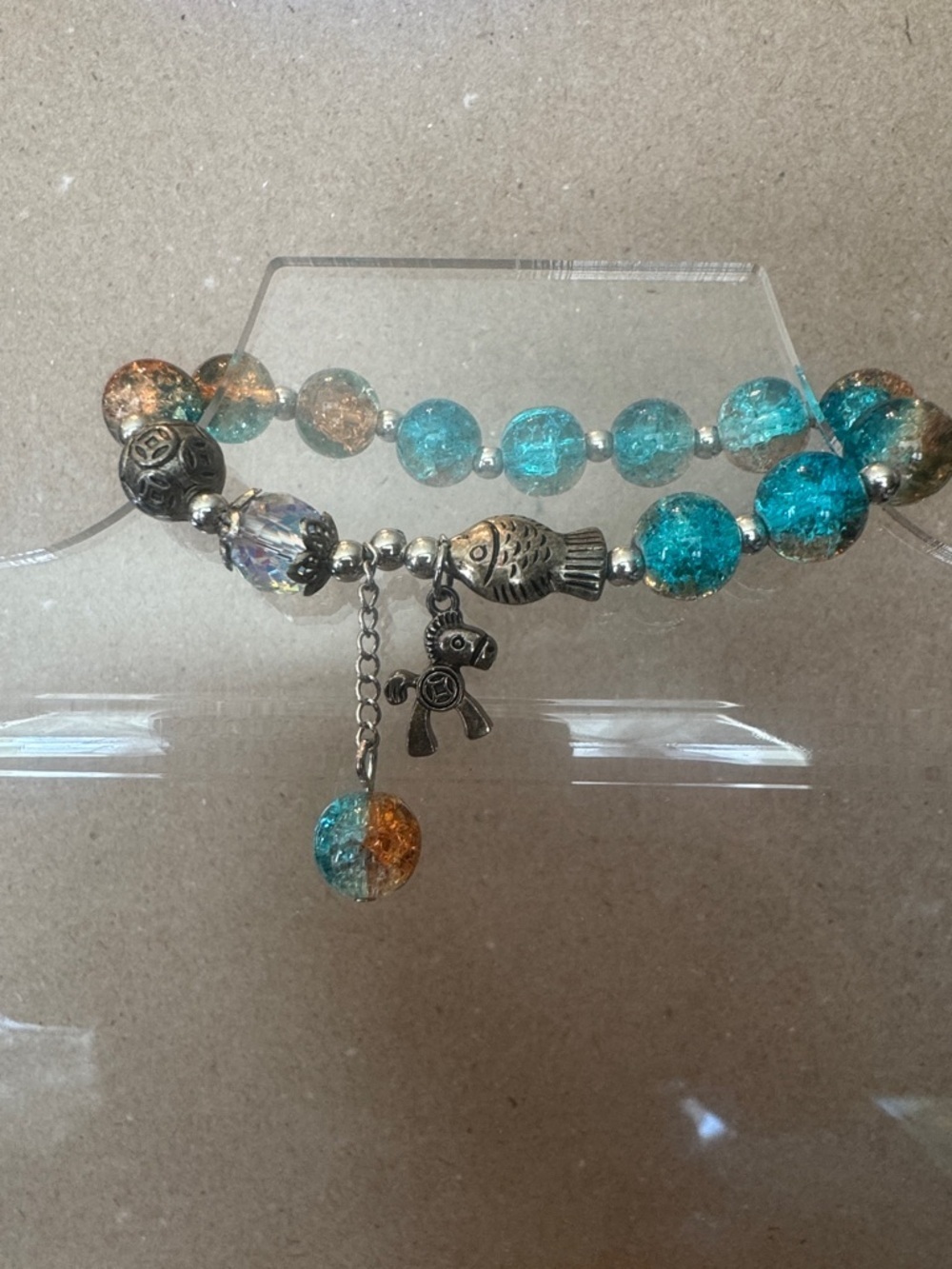 Turquoise and Amber Crackle Glass Beaded Bracelet with Silver Charms